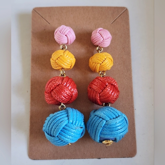 NWOT Colorful Woven Wrapped Dangling Ball Drop Earrings - Picture 1 of 9